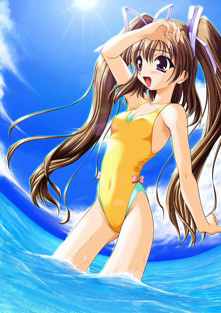 aizawa_tomomi artist_request beach blush bow breasts casual_one-piece_swimsuit cloud covered_nipples day fisheye hair_ribbon lens_flare long_hair navel ocean one-piece_swimsuit outdoors pia_carrot_(series) pia_carrot_e_youkoso!! purple_eyes ribbon shading_eyes sky small_breasts smile solo sun swimsuit twintails very_long_hair wading water wet