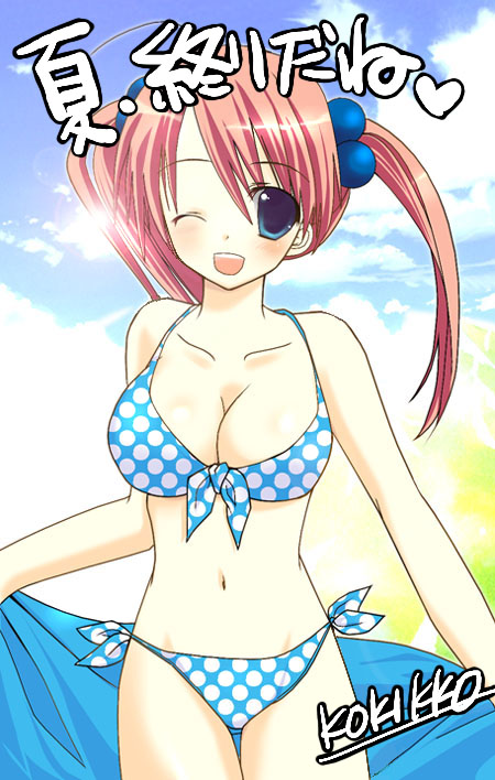 beach bikini blue_eyes breasts cleavage copyright_request day large_breasts long_hair navel pink_hair polka_dot polka_dot_bikini red_hair sesena_yau solo swimsuit towel twintails