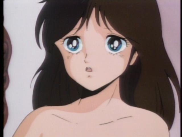 80s bare_shoulders blue_eyes brown_hair cream_lemon nonomura_ami oldschool screencap solo