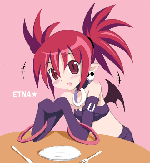 artist_request character_name demon_girl disgaea etna fork makai_senki_disgaea_2 pink_background plate red_hair solo twintails