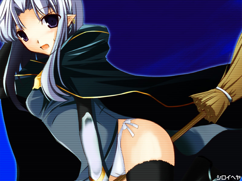 black_legwear broom cape caster dress fate/stay_night fate_(series) ganmo lace lace-trimmed_panties panties pointy_ears side-tie_panties solo thighhighs underwear white_panties