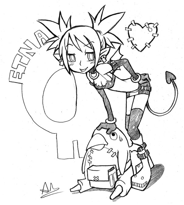 :p artist_request bag belt belt_pouch bent_over blush character_name demon_girl demon_tail demon_wings disgaea etna greyscale hand_on_hip heart heart_tail lineart looking_at_viewer makai_senki_disgaea miniskirt monochrome pocket pouch prinny simple_background skirt solo spiked_hair sweatdrop tail tongue tongue_out white_background wings