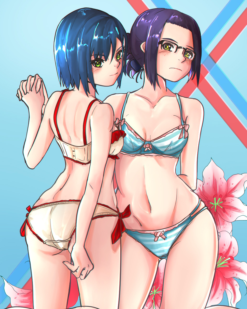 2girls arm_behind_back ass ass_visible_through_thighs back bangs belt black-framed_eyewear blue_bra blue_hair blue_panties bow bow_bra bow_panties bra breasts brown_belt brown_panties closed_mouth collarbone commentary cowboy_shot crotch_seam darling_in_the_franxx flower food frilled_bra frills from_behind frown fruit glasses green_eyes half_updo hands_together highres ichigo_(darling_in_the_franxx) ikuno_(darling_in_the_franxx) interlocked_fingers kneeling lace lace-trimmed_bra lace-trimmed_panties light_blush lily_(flower) lips looking_at_viewer looking_back multiple_girls navel over-rim_eyewear panties purple_eyes rectangular_eyewear semi-rimless_eyewear short_hair shumiao sidelocks small_breasts smile strawberry striped striped_bra striped_panties thighs underwear underwear_only yellow_eyes yuri