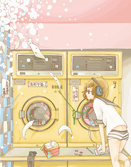 artist_request book brown_hair bubble glasses grey_panties headphones no_pants original panties school_uniform serafuku short_hair solo striped striped_panties underwear washing_machine