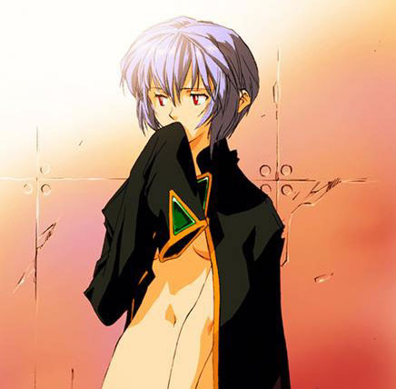 artist_request ayanami_rei blue_hair bottomless breasts jacket long_sleeves lowres naked_coat neon_genesis_evangelion open_clothes open_shirt red_hair shirt short_hair small_breasts solo underboob upper_body