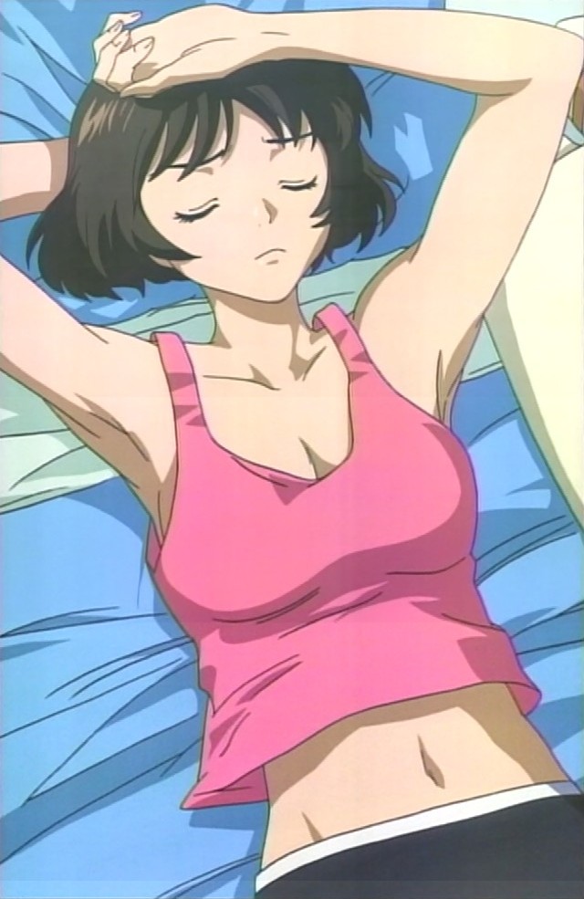 arms_up bed black_hair breasts cleavage closed_eyes from_above kaminagi_ryouko large_breasts lying midriff navel no_bra non-web_source on_back pillow screencap short_hair sleeping solo tank_top zegapain
