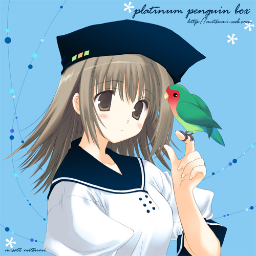 bird bird_on_hand blush grey_eyes grey_hair hat lowres mitsumi_misato original school_uniform solo
