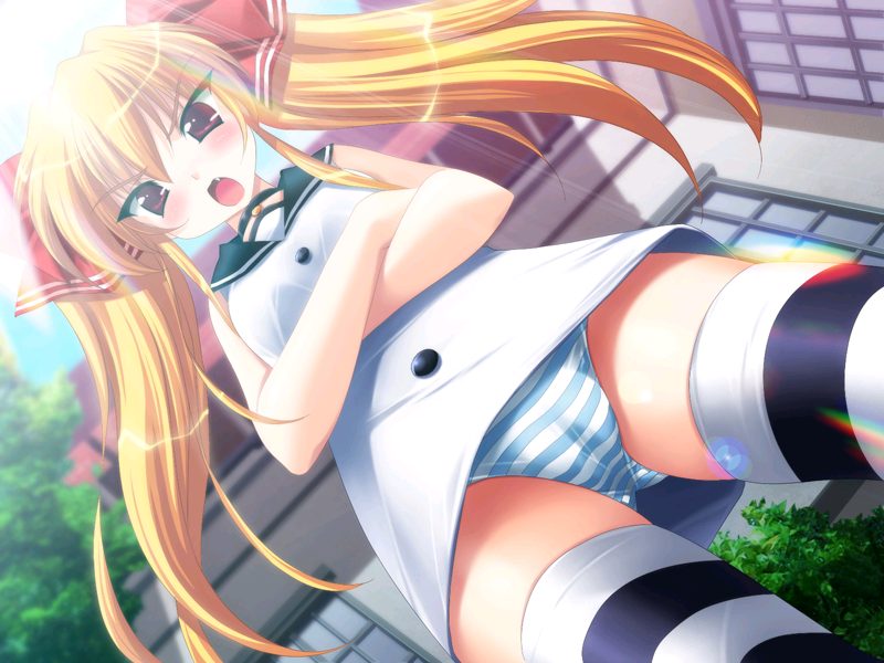 blonde_hair blush bow cameltoe crossed_arms dress dutch_angle emily_(pure_dream) fang from_below hair_bow kitahanade_reika long_hair mind_puppet open_mouth panties red_eyes short_dress skirt solo striped striped_legwear striped_panties thighhighs twintails underwear upskirt white_skirt