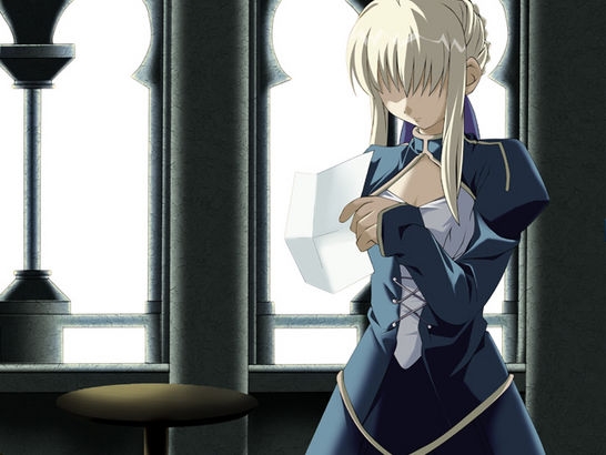 artist_request artoria_pendragon_(all) blonde_hair fate/stay_night fate_(series) holding indoors long_sleeves paper reading saber sad shaded_face solo