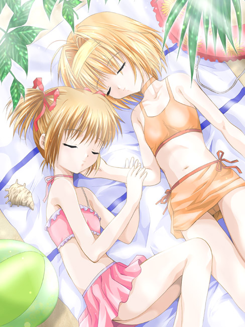 arino_hiroshi ball beachball bikini closed_eyes hinako_(sister_princess) innertube kaho_(sister_princess) multiple_girls sister_princess sleeping swimsuit
