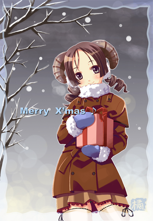 artist_request christmas copyright_request drill_hair gift holding holding_gift horns long_sleeves mittens snowing solo thighhighs zettai_ryouiki