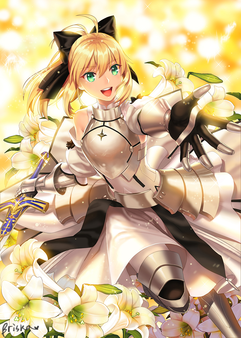1girl :d ahoge armor armored_boots armored_dress artoria_pendragon_(all) black_bow blonde_hair boots bow breastplate briska dress excalibur eyebrows_visible_through_hair fate/unlimited_codes fate_(series) faulds floating_hair green_eyes hair_between_eyes hair_bow holding holding_sword holding_weapon leg_up long_hair open_mouth outstretched_arm ponytail saber_lily shiny shiny_hair smile solo sword weapon white_dress