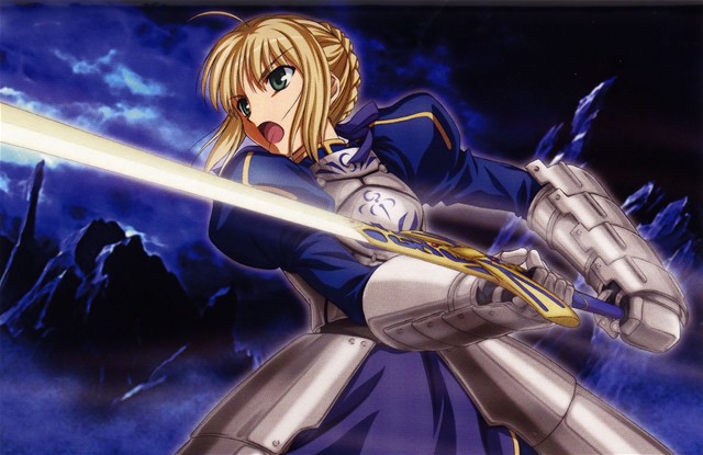 ahoge armor armored_dress artist_request artoria_pendragon_(all) blonde_hair dress excalibur fate/stay_night fate_(series) glowing glowing_sword glowing_weapon green_eyes long_sleeves puffy_sleeves saber solo sword weapon