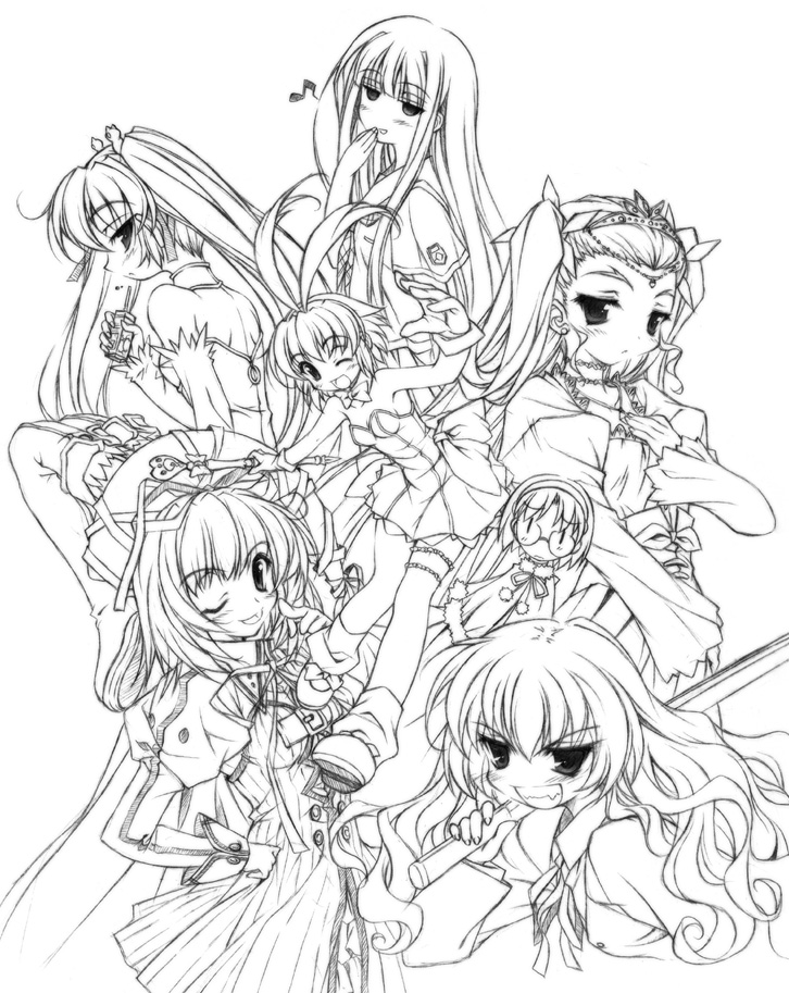 aiko_(renkin_san-kyuu_magical_pokaan) black_(artist) character_request everyone greyscale lineart long_sleeves monochrome multiple_girls pachira renkin_san-kyuu_magical_pokaan yuuma_(renkin_san-kyuu_magical_pokaan)