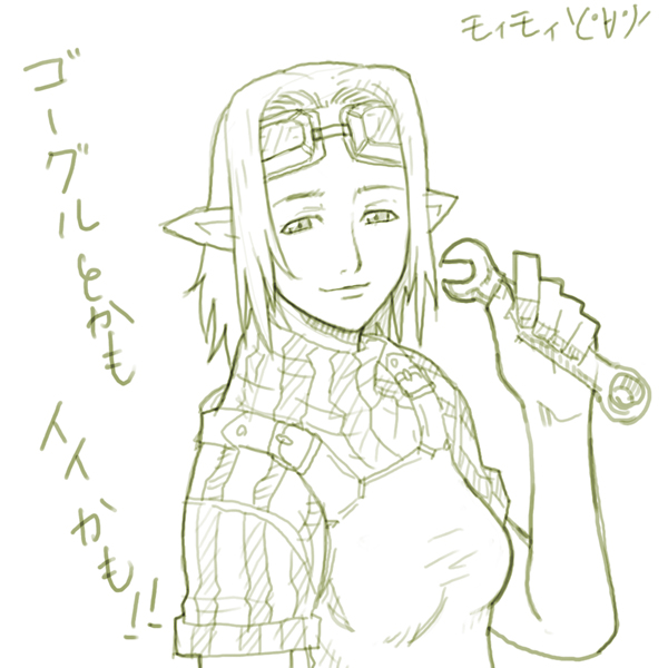 artist_request combination_wrench elf elvaan final_fantasy final_fantasy_xi goggles goggles_on_head monochrome pointy_ears sketch solo wrench