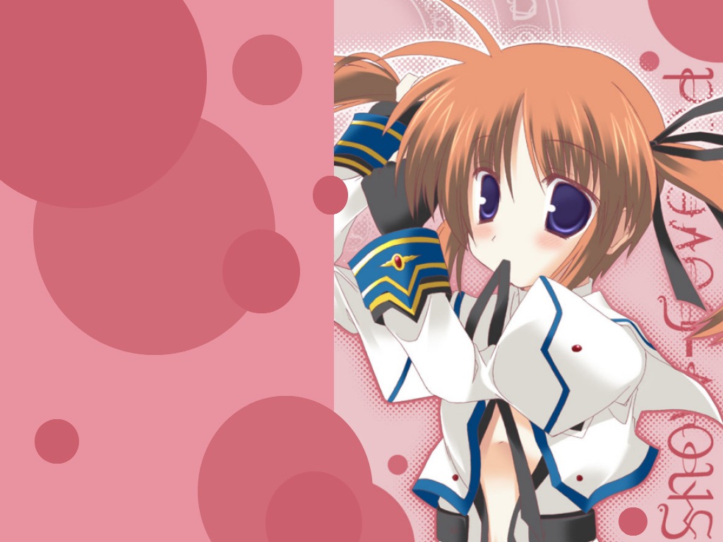 adjusting_hair artist_request blush brown_hair fingerless_gloves gloves long_sleeves lyrical_nanoha mahou_shoujo_lyrical_nanoha mouth_hold open_clothes open_shirt purple_eyes ribbon ribbon_in_mouth shirt solo takamachi_nanoha twintails