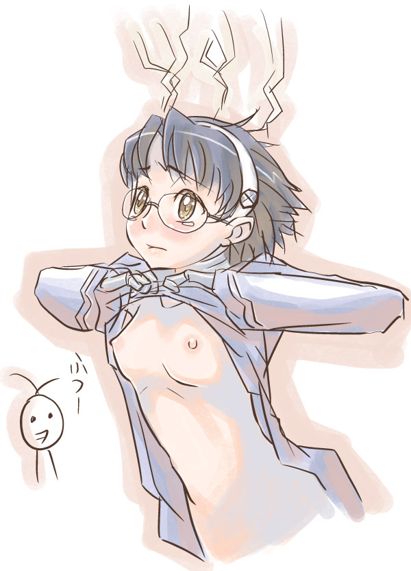 aiko_(renkin_san-kyuu_magical_pokaan) artist_request blue_hair blush breasts glasses hairband long_sleeves nipples renkin_san-kyuu_magical_pokaan robot_joints shirt_lift short_hair small_breasts solo