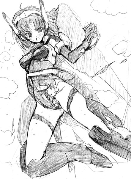 ahoge angry armor asaga_aoi belt blush boots breasts cloud crueltear elbow_gloves flying gloves greyscale hairband mecha_musume medium_breasts monochrome navel one-piece_swimsuit open_mouth outdoors robot_ears short_hair sketch sky solo sun sweat swimsuit swimsuit_costume thigh_boots thigh_strap thighhighs thighs torn_clothes trigger_heart_exelica wings