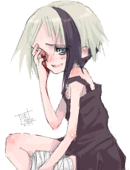 amputee artist_request bandages bare_shoulders bikko black_hair blood blood_on_face blue_eyes dress grey_hair multicolored_hair one-eyed original scar short_dress short_hair sitting solo two-tone_hair