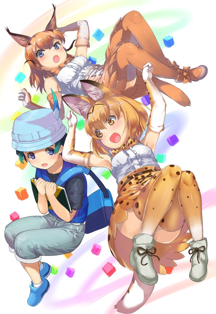 :o animal_ears bag belt blonde_hair blue_eyes blue_vest bow bowtie caracal_(kemono_friends) caracal_ears caracal_tail commentary_request cross-laced_clothes elbow_gloves extra_ears gloves green_hair hat_feather high-waist_skirt holding kemono_friends kyururu_(kemono_friends) long_hair looking_at_another multicolored multicolored_clothes multicolored_gloves open_mouth print_gloves print_legwear print_neckwear print_skirt serval_(kemono_friends) serval_ears serval_print servum shirt short_hair short_sleeves shoulder_bag sketchbook skirt sleeveless sleeveless_shirt tadano_magu thighhighs vest vest_over_shirt white_gloves yellow_eyes yellow_legwear yellow_neckwear yellow_skirt