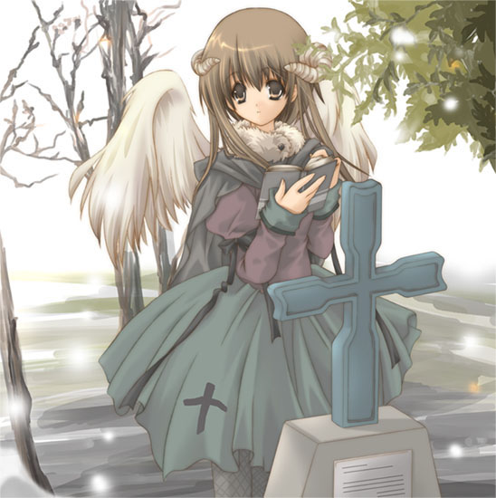 angel angel_wings book brown_hair church cross demon dress fishnet_pantyhose fishnets gothic grave horns latin_cross long_sleeves maki_chitose original pantyhose ribbon solo tree wings