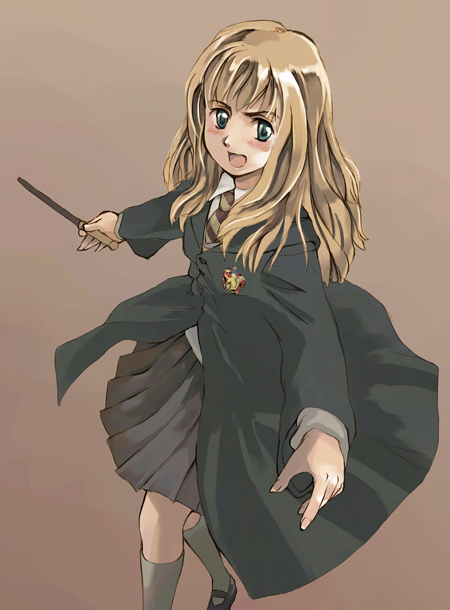 artist_request harry_potter hermione_granger holding holding_wand long_hair long_sleeves necktie school_uniform solo wand