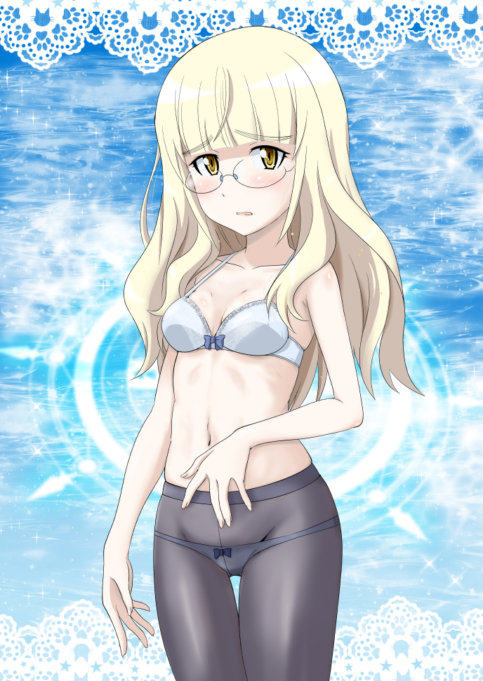 1girl black_legwear blonde_hair blue_background blush bra breasts cat_cutout cleavage collarbone eyebrows_visible_through_hair glasses groin heart heart_cutout looking_at_viewer medium_breasts medium_hair minpei_ichigo navel ocean open_mouth panties panties_under_pantyhose pantyhose perrine_h_clostermann solo sparkle sparkle_background star star_cutout strike_witches underwear white_bra white_panties world_witches_series yellow_eyes