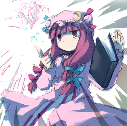 book bow hair_bow long_hair long_sleeves looking_away low-tied_long_hair lowres magic mizumoto_tadashi patchouli_knowledge pointing purple_eyes purple_hair solo touhou