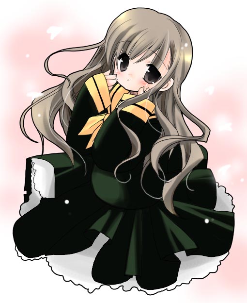 :o artist_request blush brown_eyes brown_hair chibi dress frills full_body green_dress hands_on_own_cheeks hands_on_own_face long_hair long_sleeves looking_at_viewer maria-sama_ga_miteru neckerchief parted_lips school_uniform simple_background sleeves_past_wrists solo teeth toudou_shimako very_long_hair