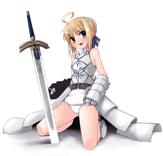 ahoge aka_ume armor armored_dress artoria_pendragon_(all) blonde_hair dress excalibur fate/stay_night fate_(series) faulds gauntlets gloves kneeling no_pants saber school_swimsuit solo swimsuit swimsuit_under_clothes sword weapon white_school_swimsuit white_swimsuit