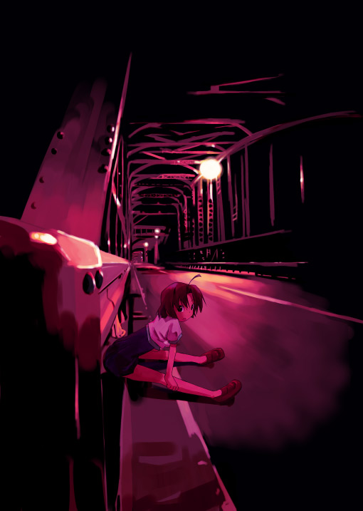 ahoge bridge brown_hair copyright_request dark full_body genmai-doublevision highway looking_at_viewer night short_hair sitting solo