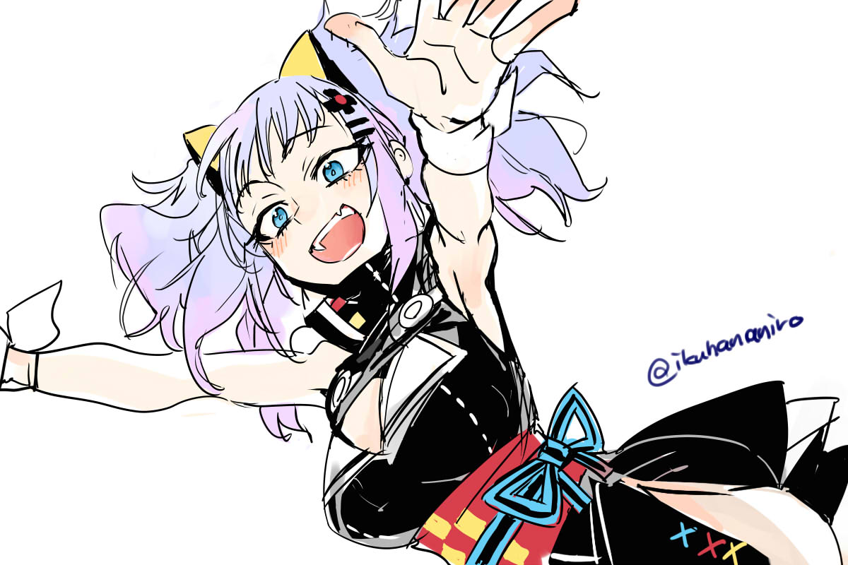 1girl :d animal_ears armpits blue_eyes blush breasts cat_ears fangs hair_ornament hairclip ikuhana_niiro kaguya_luna kaguya_luna_(character) open_mouth outstretched_arms purple_hair sash simple_background sleeveless smile solo teeth twintails twitter_username white_background wrist_cuffs