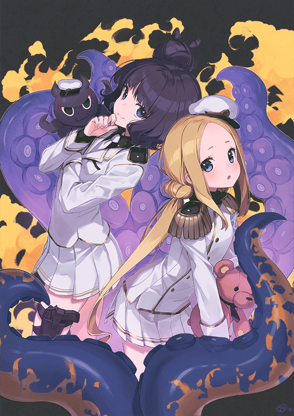 2girls :o abigail_williams_(fate/grand_order) alternate_costume alternate_hairstyle animal bangs black_hair black_shirt blonde_hair blue_eyes blush closed_mouth collared_shirt commentary_request demon_girl epaulettes fate/grand_order fate_(series) fingernails forehead gun hair_bun hand_to_own_mouth handgun hat holster jacket katsushika_hokusai_(fate/grand_order) long_hair long_sleeves looking_at_viewer low_twintails mini_hat multiple_girls nagu necktie octopus parted_bangs parted_lips peaked_cap pistol pleated_skirt shirt sidelocks skirt smile stuffed_animal stuffed_toy succubus teddy_bear tentacle thigh_holster tilted_headwear tokitarou_(fate/grand_order) twintails very_long_hair weapon white_hat white_jacket white_neckwear white_skirt