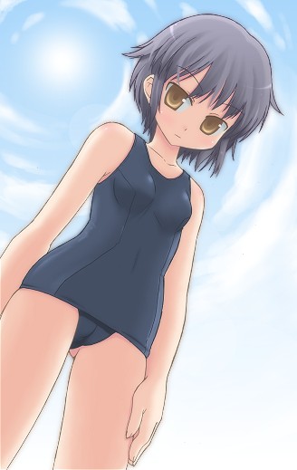 amamiya_minato bangs breasts nagato_yuki one-piece_swimsuit purple_hair school_swimsuit short_hair small_breasts solo sun suzumiya_haruhi_no_yuuutsu swimsuit yellow_eyes