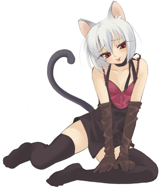 :p animal_ears black_gloves cat_ears cat_tail choker elbow_gloves feet full_body gloves hands no_shoes original piyodera_mucha simple_background solo tail thighhighs tongue tongue_out white_background