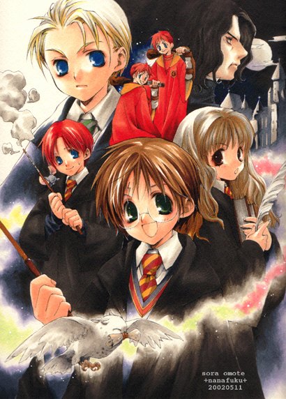 6+boys artist_request bird draco_malfoy everyone feathers fred_weasley george_weasley glasses harry_james_potter harry_potter hedwig hermione_granger long_sleeves multiple_boys necktie owl ron_weasley severus_snape wand