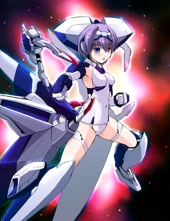 armpits blue_eyes blush breasts cameltoe clenched_hands covered_nipples exelica fighting_stance gloves glowing hairband impossible_clothes mecha_musume medium_breasts midorigi_mura navel open_mouth purple_hair school_swimsuit short_hair skin_tight solo space spread_legs swimsuit swimsuit_costume thigh_strap thighhighs trigger_heart_exelica white_school_swimsuit white_swimsuit