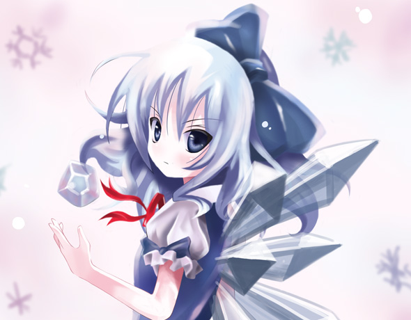 blue_eyes blue_hair bow cirno hair_bow ice kukyo looking_back no_nose serious short_hair snowflakes solo touhou wings