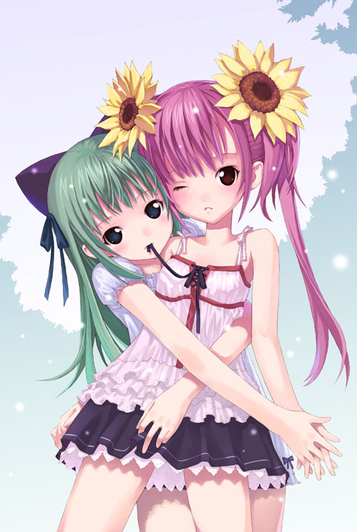 blue_eyes copyright_request fancyfantasia flower green_hair kiira mouth_hold multiple_girls pink_hair red_eyes sunflower twintails yuri