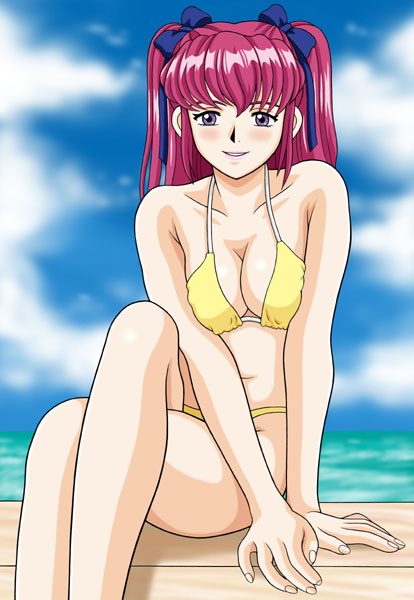 artist_request bikini breasts char's_deleted_affair cleavage day gundam haman_karn large_breasts pink_hair solo swimsuit