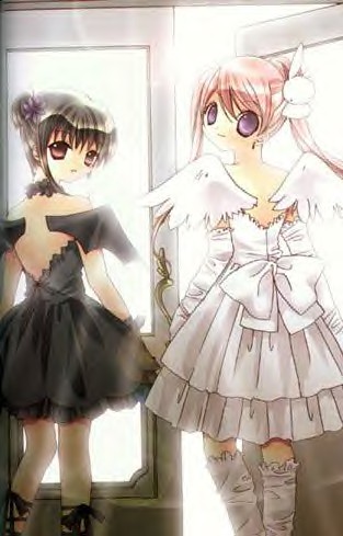 angel angel_and_devil demon_girl koge_donbo lowres misha_(pita_ten) multiple_girls official_art pita_ten shia_(pita_ten)