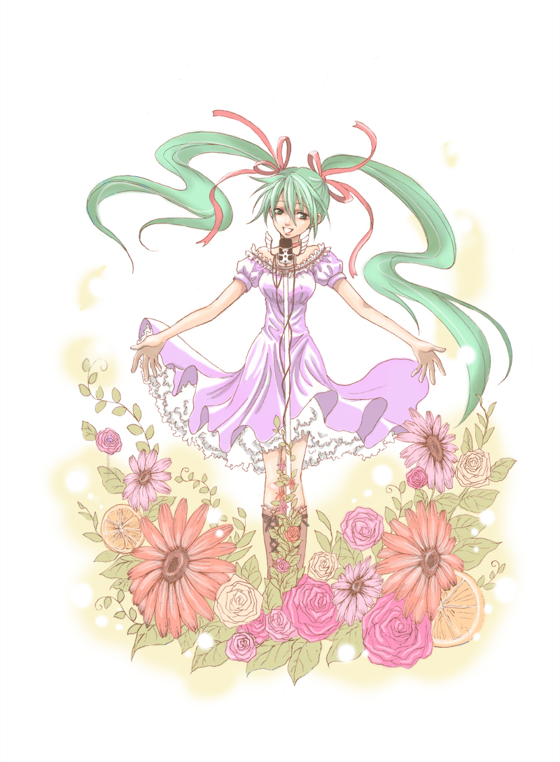 boots daisy dress flower green_eyes green_hair hair_ribbon hatsune_miku knee_boots long_hair matumisa microphone microphone_stand ribbon rose smile solo twintails very_long_hair vocaloid