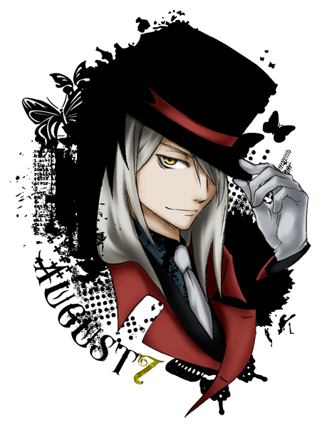 august_7 darker_than_black formal gloves hat male_focus silver_hair solo top_hat trench_coat yellow_eyes