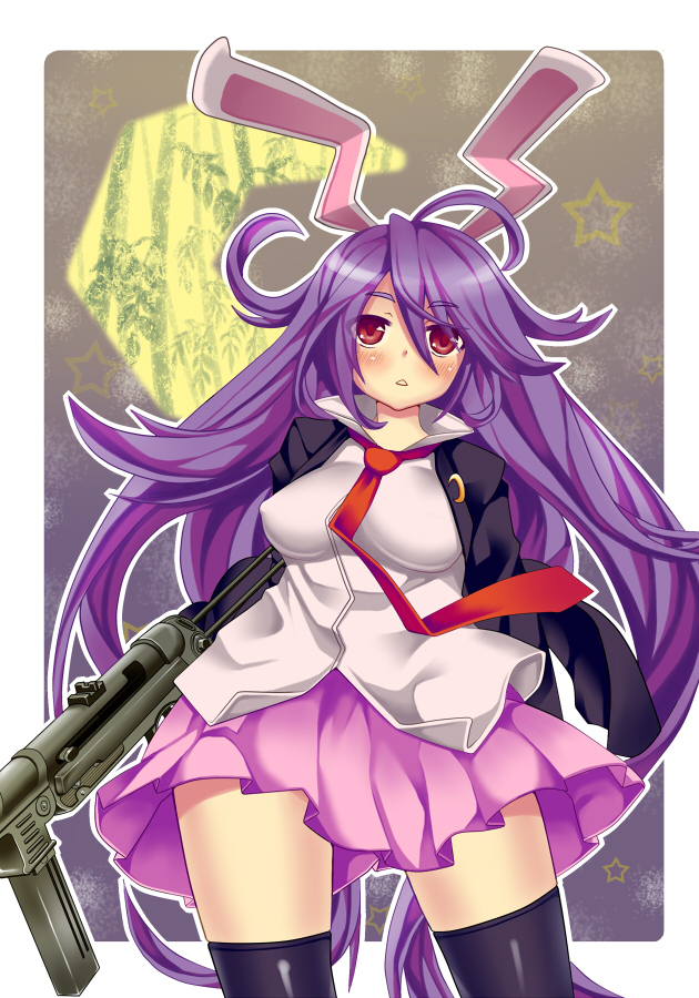 animal_ears bad_proportions blush bunny_ears crescent gun long_hair niji_sugi popped_collar purple_hair red_eyes reisen_udongein_inaba simple_background solo star submachine_gun thighhighs touhou very_long_hair weapon wide_hips zettai_ryouiki