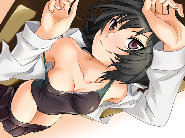 amagami black_hair breasts cleavage competition_swimsuit covered_nipples dutch_angle lying medium_breasts nanasaki_ai one-piece_swimsuit open_clothes open_shirt school_uniform shirt short_hair smile solo strap_slip swimsuit tonoimo undressing