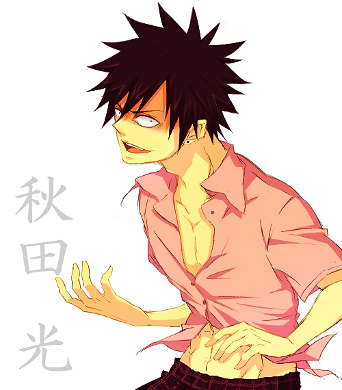 abs akita_hikaru black_hair collarbone crazy_eyes earrings hands jewelry male_focus open_clothes open_mouth open_shirt peco_(tem-tem) shirt simple_background solo spiked_hair yankee-kun_to_megane-chan