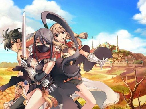2girls arm_guards armor artist_request assassin_cross bare_tree blue_sky breasts cape champion cleavage cloud covered_mouth cowboy_shot creator day desert epaulettes face_mask flower gloves holding holding_sword holding_weapon hood large_breasts mask monk_(ragnarok_online) mouth_hold multiple_girls pillar plant ponytail ragnarok_online scarf sky sword town tree weapon white_gloves