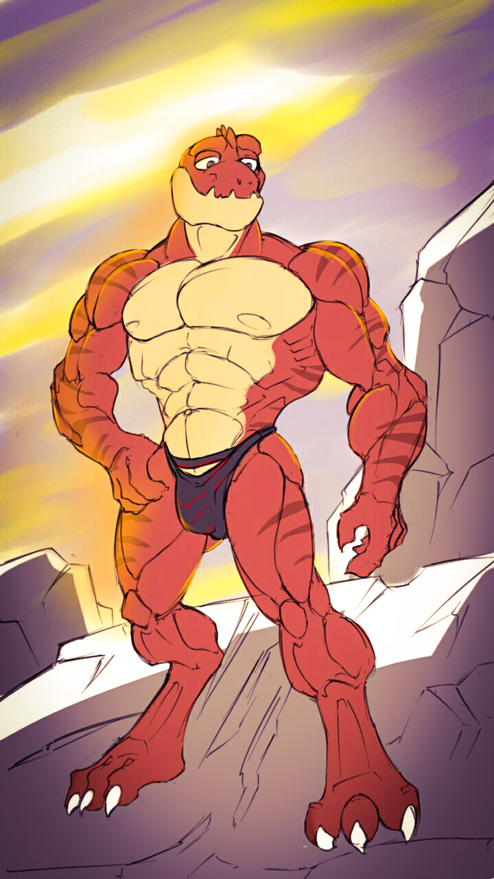 abs anthro barazoku biceps big_penis bulge claws clothing dagantfus_(artist) digital_media_(artwork) digitigrade dinosaur hand_on_hip male mostly_nude muscular muscular_male nipples penis reptile reptillus_maximus scalie solo standing stripes toe_claws toy_story underwear