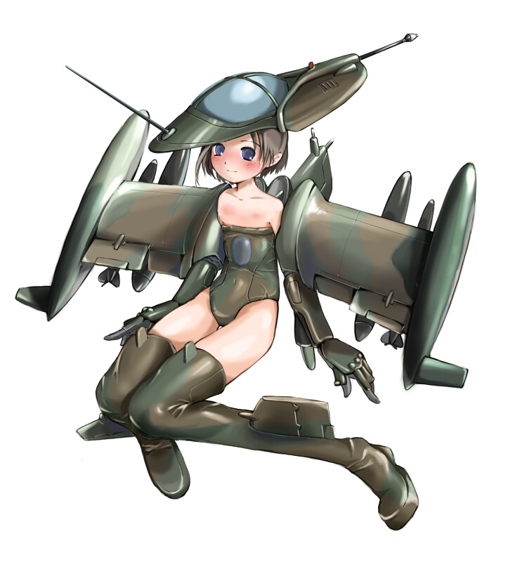 a-37_dragonfly aircraft airplane bare_shoulders blush boots flat_chest mecha_musume military nano original personification short_hair simple_background solo thigh_boots thighhighs white_background