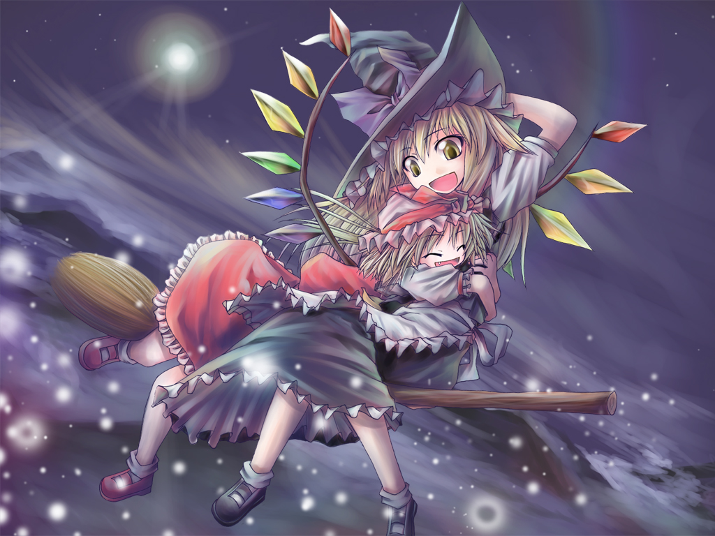 aozora_market blonde_hair broom broom_riding closed_eyes flandre_scarlet hand_on_headwear happy hat hug kirisame_marisa light_particles mary_janes multiple_girls multiple_riders shoes sidesaddle sky touhou wings witch_hat yellow_eyes